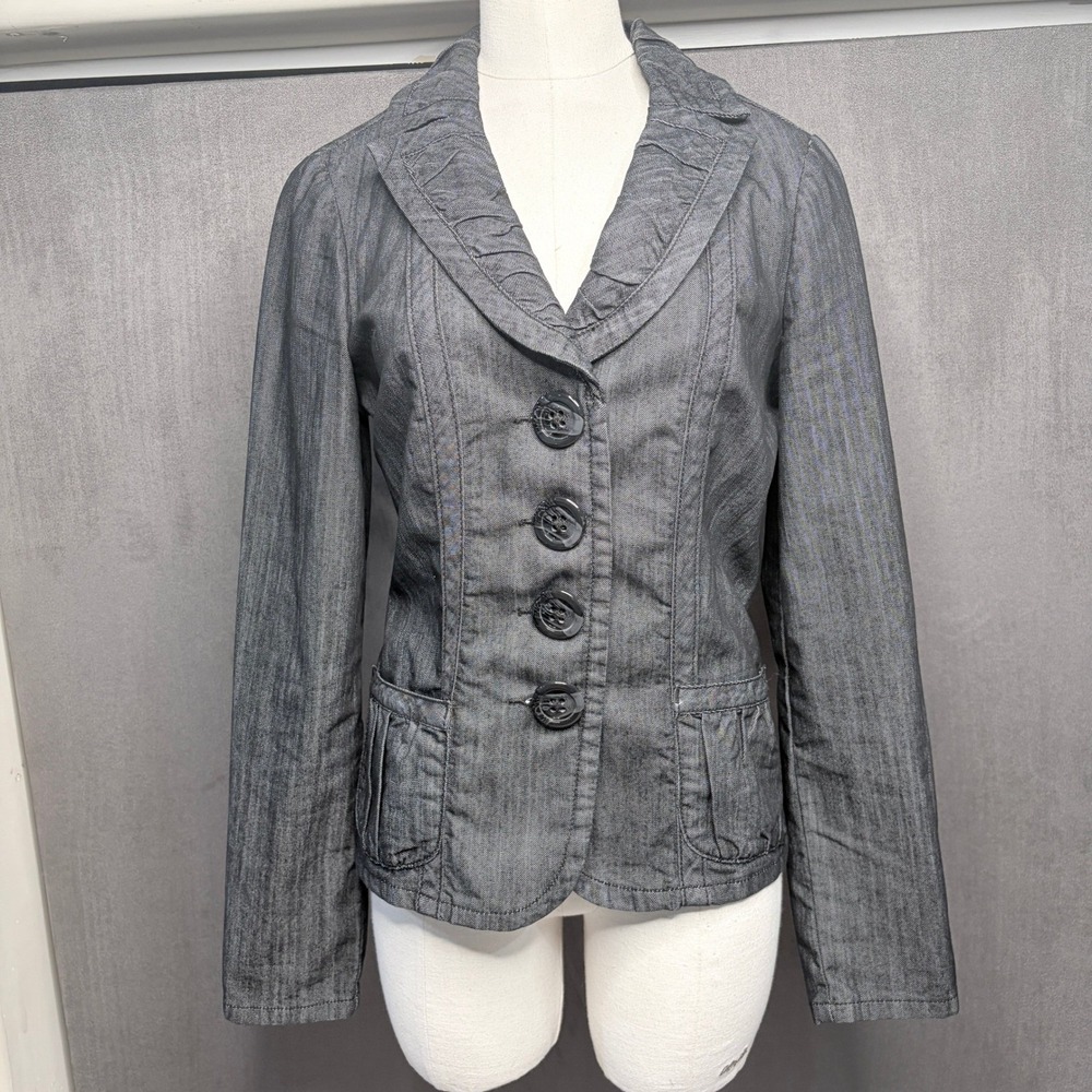 Dressbarn Blazer Women S Grey Denim Ruffle Trim Lapel Button Up Cinched Back Y2K